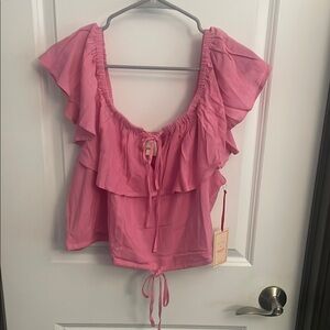 Pastel Pink Blouse with Ruffled Neckline and Cap Sleeves